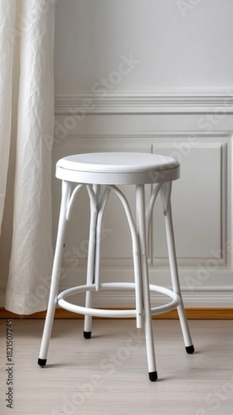 Fototapeta White metal stool in perfect symmetry against a light background with draped curtains