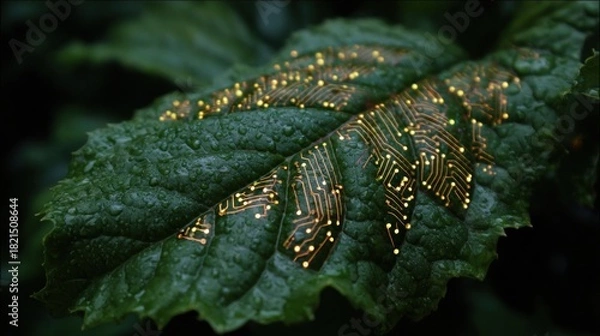 Obraz Nature Meets Technology - A Leaf Embedded with Circuitry.