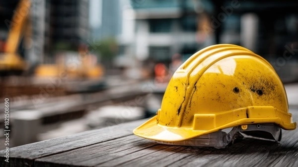Obraz Yellow Hard Hat on Construction Site with Blurred Background.