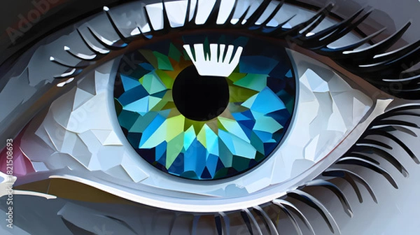 Fototapeta Stylized close-up of a colorful eye, geometric design, vibrant blue and green iris, artistic expression