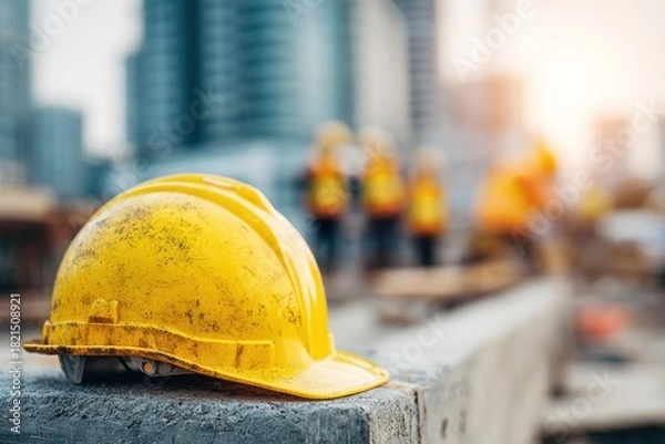 Obraz Yellow Hard Hat on Construction Site with Workers.