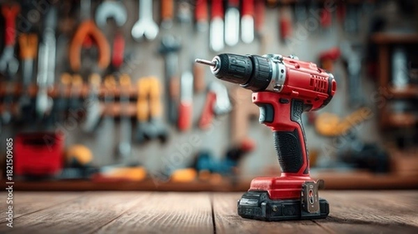 Obraz Red Cordless Drill on Wooden Surface with Tools Background.