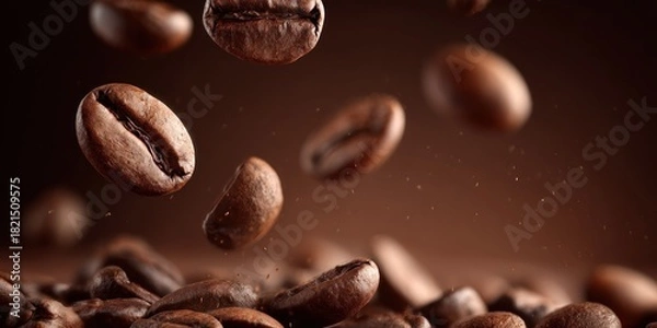 Obraz Roasted coffee beans falling in a dark brown background.
