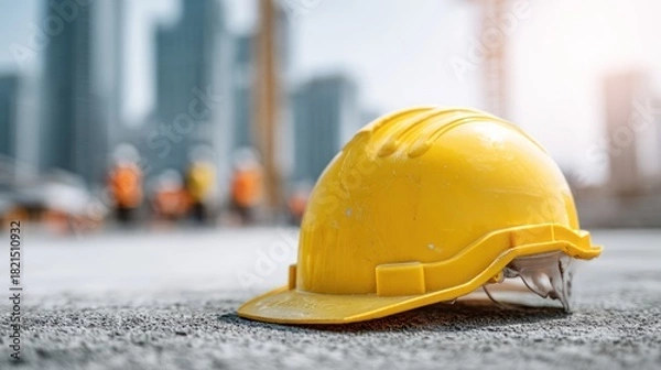 Obraz Yellow hard hat on construction site with blurred background.