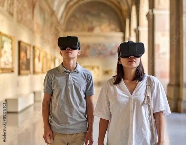 Obraz Young Couple Exploring Virtual Reality Art Gallery