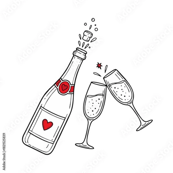 Fototapeta Romantic celebration illustration featuring a heart-decorated sparkling wine bottle uncorking with delightful bubbles, alongside two elegant flutes making a joyful toast for special occasions