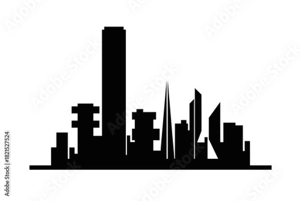 Obraz Abstract Black City Skyline Silhouette - Brutalist and Modern Mix with Ultra-Tall Flat-Top Tower and Spires on White