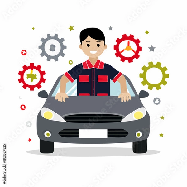 Fototapeta Smiling mechanic leaning over car hood in auto repair shop surrounded by gears, showcasing automotive service and maintenance with a cheerful vibe.