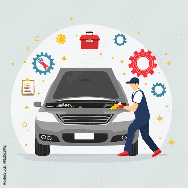 Fototapeta Mechanic repairing car engine in garage with tools and gears, ensuring vehicle maintenance and smooth operation, showcasing automotive expertise.