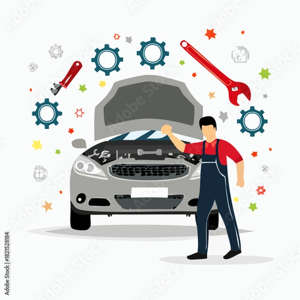 Fototapeta Mechanic inspecting car engine in garage surrounded by tools and gears, showcasing automotive repair and maintenance with a modern, clean style.