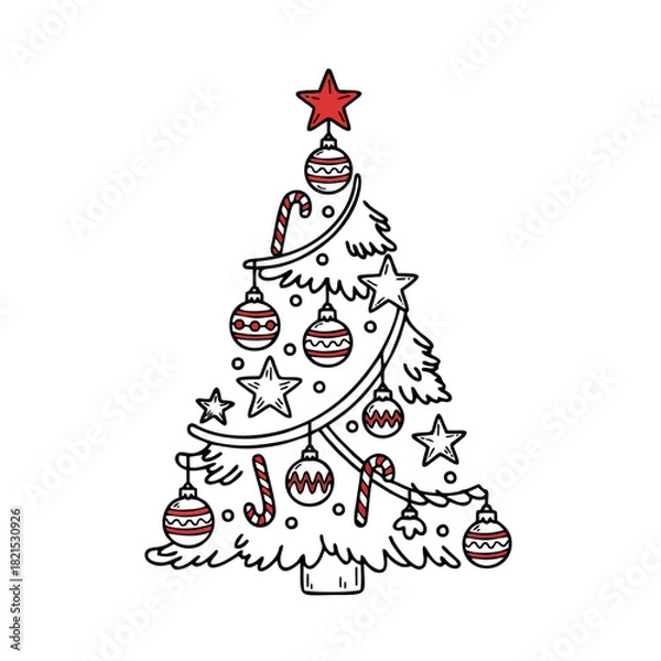 Fototapeta Festive Hand-Drawn Christmas Tree Decoration with Baubles, Stars, and Candy Canes in a Whimsical Style