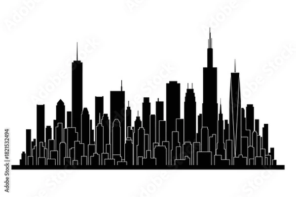 Obraz Dense Black-and-White Graphic of Panoramic City Skyline Silhouette - From Low to Super-Tall Buildings on White Canvas