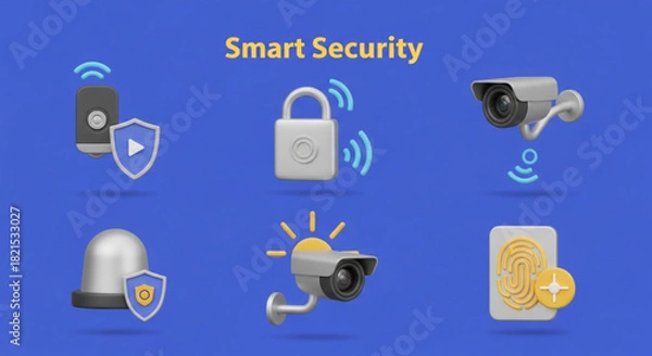 Fototapeta Smart Security 3D Icon Set – Video Doorbell, Cameras, Lock, Alarm