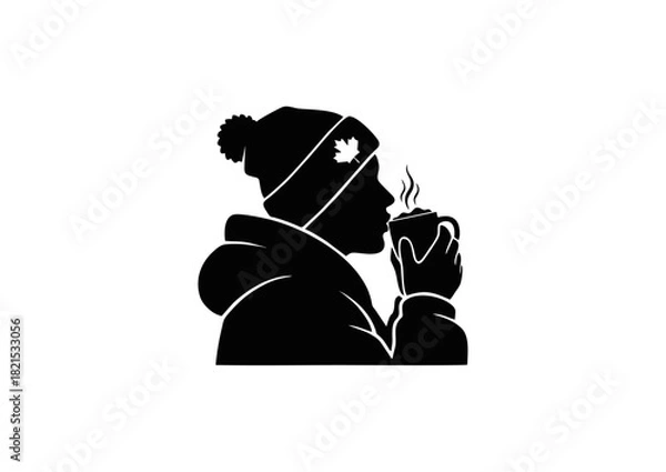 Fototapeta Minimalist black silhouette icon featuring a person in a winter hat adorned with a maple leaf, enjoying a steaming hot beverage from a mug, evoking feelings of warmth and comfort
