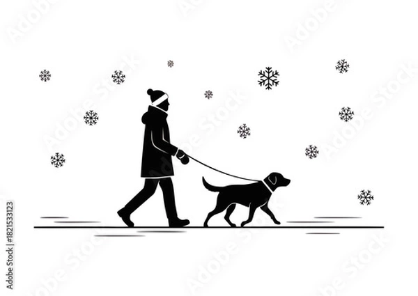 Fototapeta Person walking a dog in snowy weather, winter outdoor activity, vector illustration in black and white