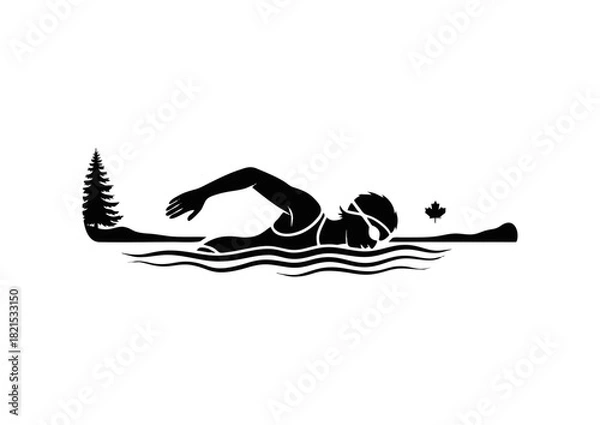 Fototapeta Silhouette of a freestyle swimmer in open water with a pine tree and maple leaf, representing an outdoor swimming concept