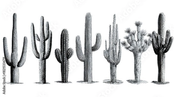 Obraz Engraved Cactus Varieties: Desert Botanical Illustrations
