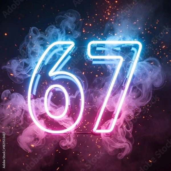Obraz Glowing Neon “67” with Smoke and Sparks – Vibrant Celebration Vector Illustration