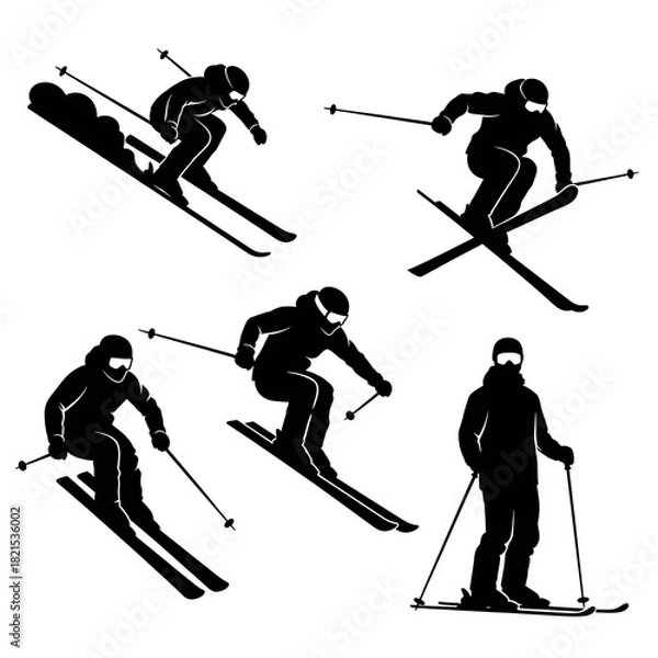 Obraz Silhouette Skiers Vector Set in Action Poses