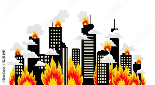 Obraz Burning city skyline with skyscrapers on fire and smoke clouds