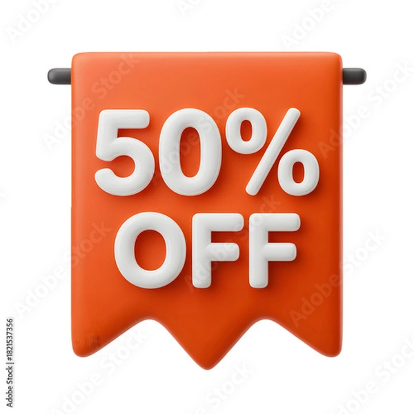 Obraz 50_ Off sale Banner 3d icon in cartoon plastic style minimal isolated on transparent white background, clipping path