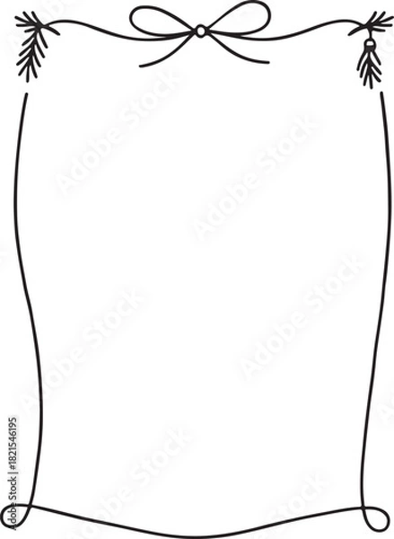 Obraz Hand-drawn festive border frame with ribbon bow and evergreen pine needles, christmas holiday greeting card, invitations, certificates. isolated on white background, Vector, illustration