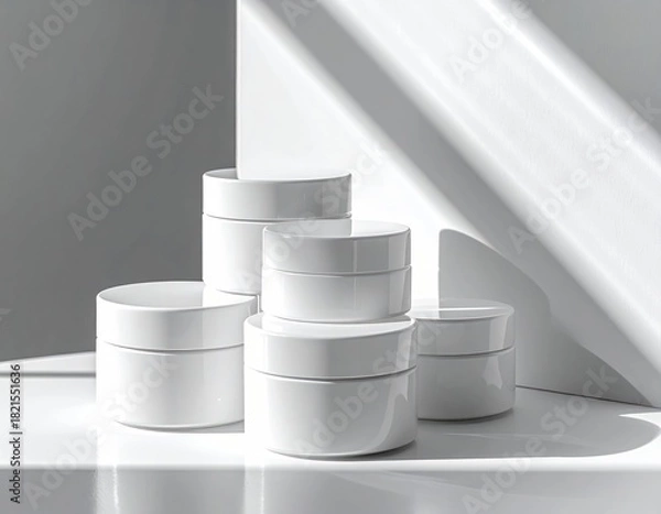 Fototapeta White jars stacked. Geometric background. Soft light