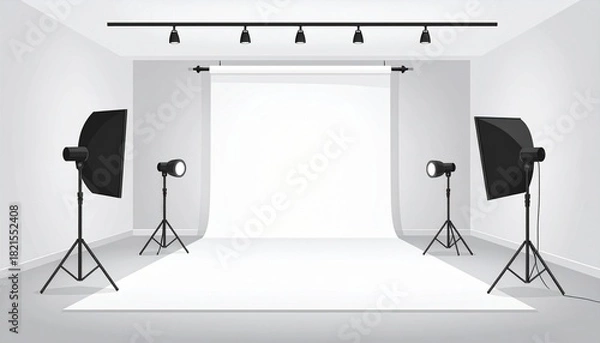 Fototapeta A professional photo studio with a white seamless backdrop, softbox lights, and ceiling pendants.