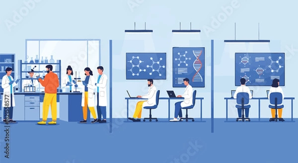 Obraz Modern Science Laboratory Illustration Featuring Researchers and Technicians Working on Scientific Projects and Data Analysis with Advanced Equipment for Medical and Technological Advancement