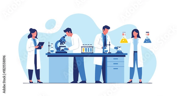 Obraz Scientific Research Team Conducts Experiments in Laboratory Illustration Shows Doctors Scientists Analyzing Data and Handling Chemical Substances for Medical Advancements and Innovative Discoveries