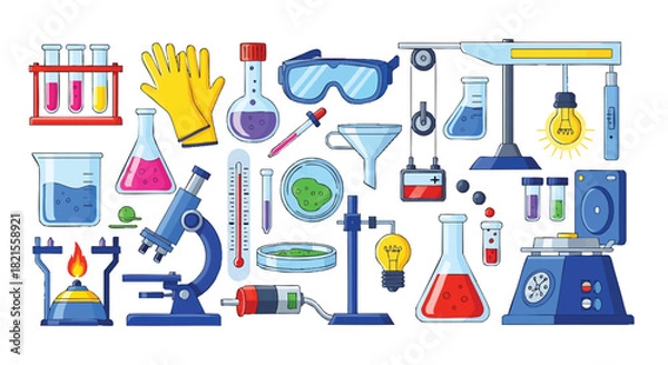 Fototapeta Science Laboratory Equipment Vector Illustration with Various Beakers and Tools Ideal for Research and Experimentation Projects showcasing the Scientific Method
