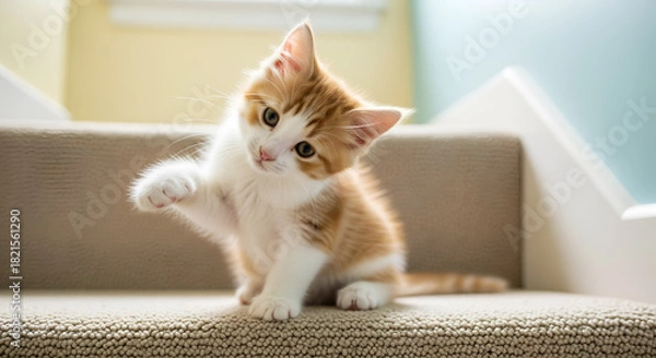 Obraz Playful Ginger and White Kitten Sitting on Carpeted Stairs Lifting a Paw