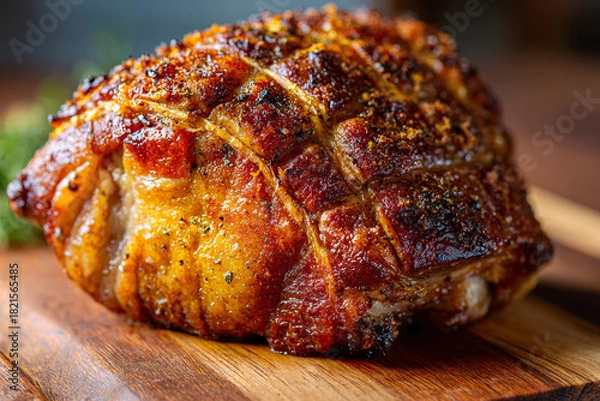 Obraz Roasted pork shoulder on a wooden cutting board.