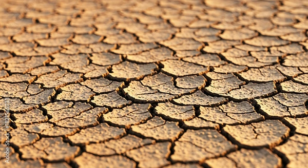 Fototapeta Close-Up Cracked Soil Texture After Rain with Warm Side Lighting