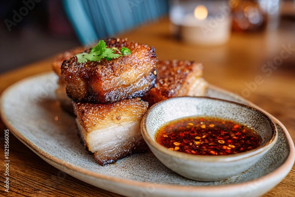 Obraz Crispy pork belly with chili dipping sauce served on a plate.