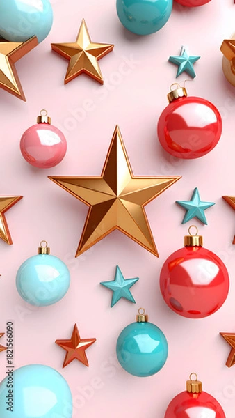 Obraz Groovy Retro Repeat, Christmas: Festive Christmas arrangement of star and ornament create groovy vintage vibe with joyful, bold and geometric style