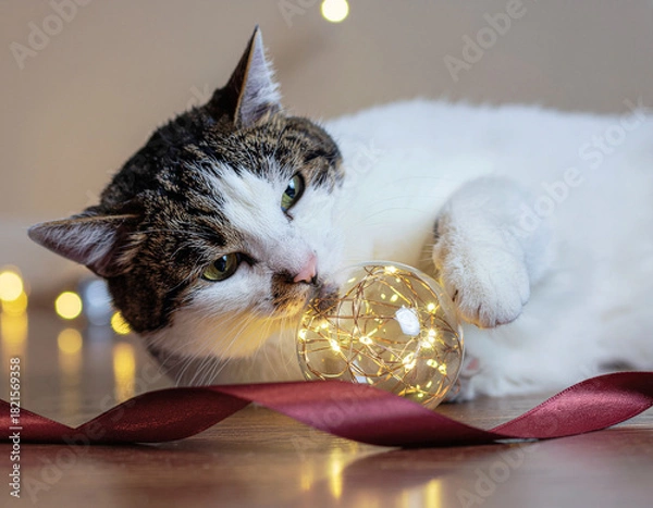 Obraz Cat playing with a glass ornament and twinkling fairy lights with a red ribbon. Ai