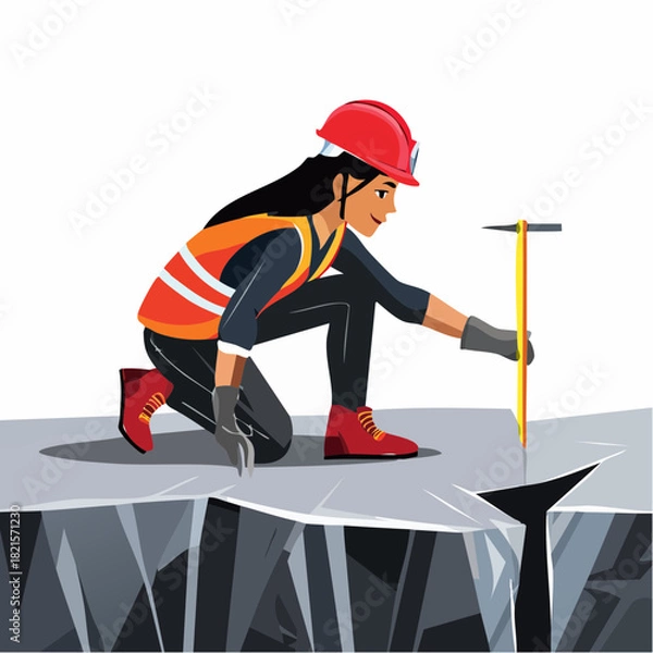 Fototapeta Female geologist examines rock formation with hammer in remote location, carefully studying geological features and rock composition with scientific precision.