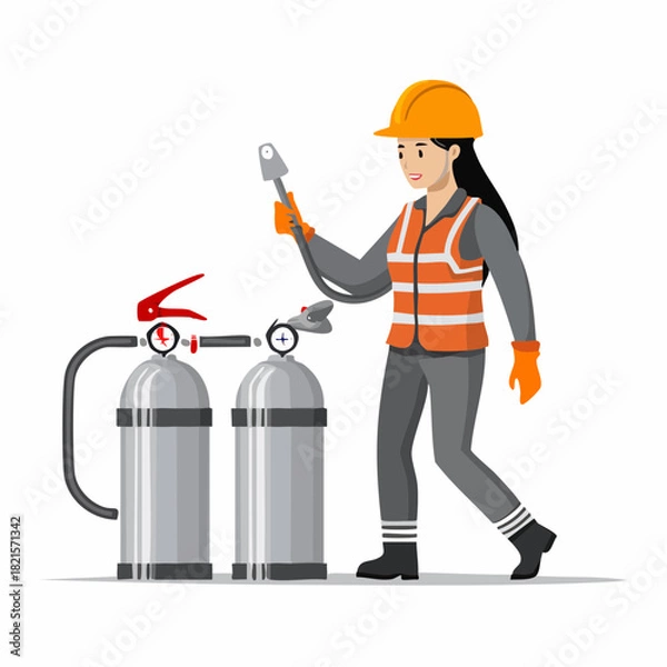 Fototapeta Female worker inspecting pressure gauges on gas cylinders in industrial setting, ensuring safety protocols are followed meticulously.