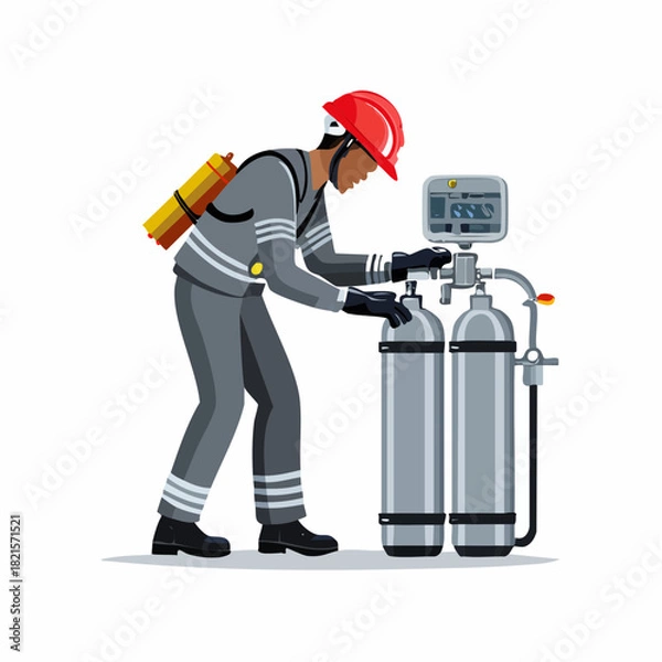 Fototapeta Firefighter in protective gear refills oxygen tanks at emergency station ensuring safety and preparedness during critical operations, reflecting dedication and professionalism.