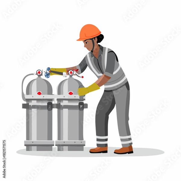 Fototapeta Worker adjusting valves on industrial gas cylinders wearing safety gear in a factory setting, ensuring safe and efficient operations with a focus on safety.