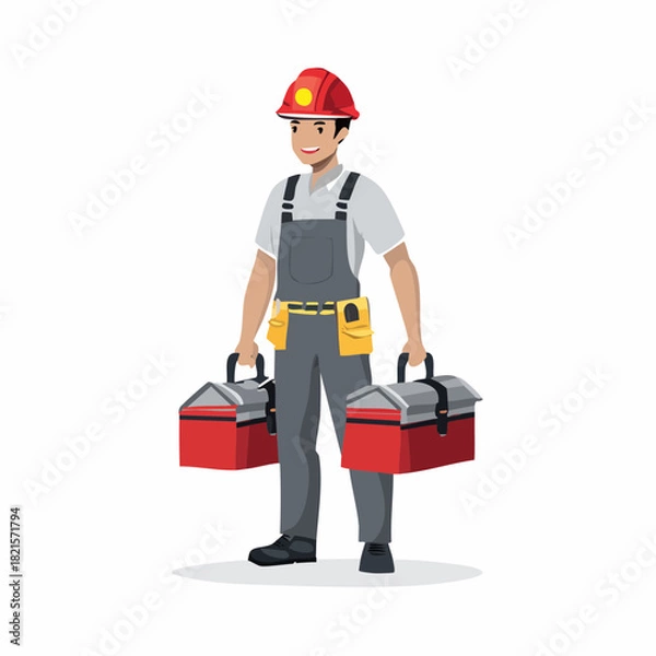 Fototapeta Smiling construction worker holding two red toolboxes while standing on a white surface, ready for a new project with a positive attitude.