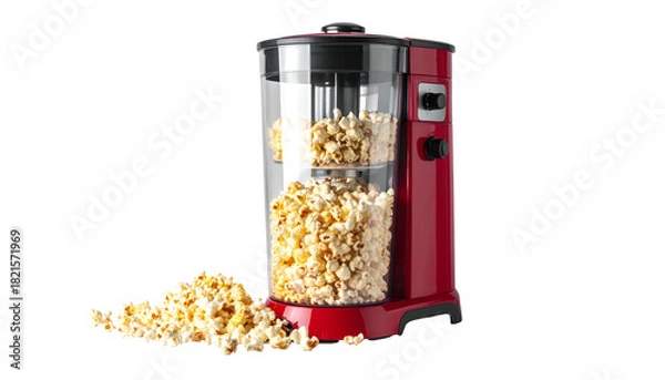 Fototapeta Red popcorn maker overflowing with popped kernels on black background