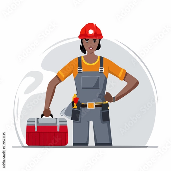Fototapeta Smiling female construction worker holding toolbox and wearing hard hat, confidently posing in front of construction site, radiating professionalism and competence.