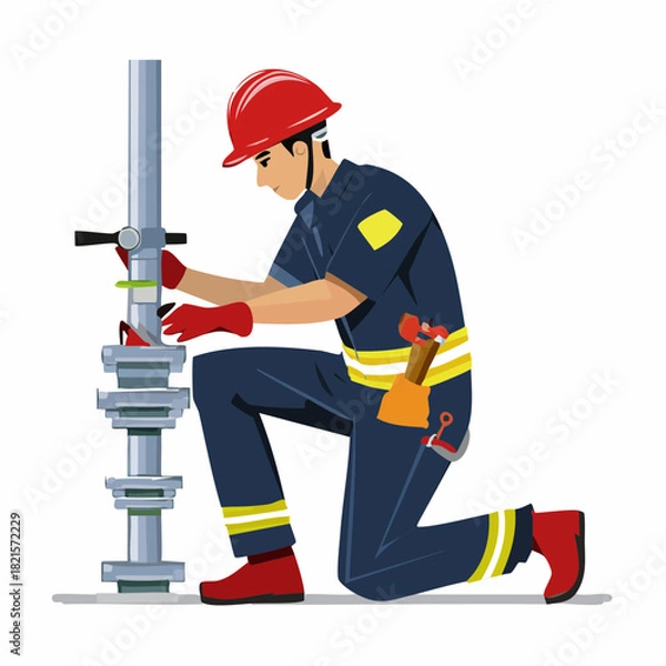 Fototapeta Technician in red helmet adjusting valves on industrial pipeline at construction site, ensuring safety and efficiency in a demanding work environment.