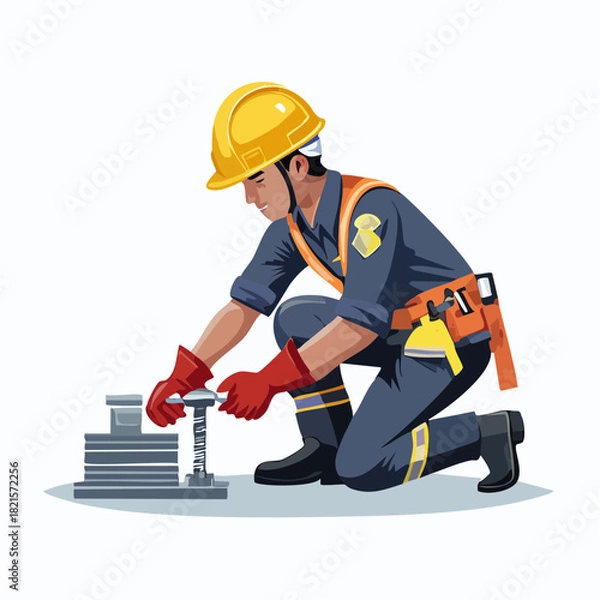 Fototapeta Construction worker wearing hard hat carefully assembling metal structure on white surface, showcasing precision and attention to detail in industrial setting.