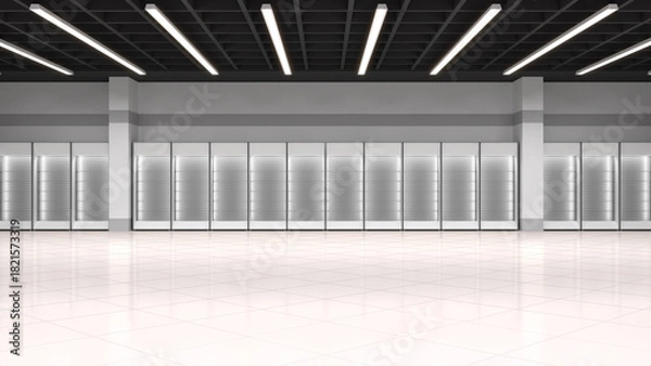 Obraz Large empty commercial hall with blank white shelving against the wall. 3d illustration