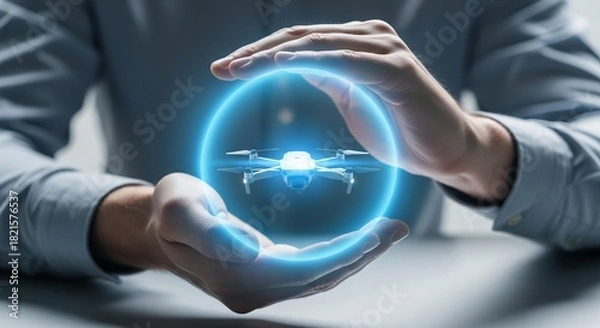 Fototapeta Future of insurance: Hands securing drone with digital safety light