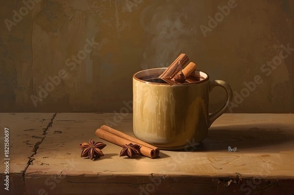 Fototapeta Rustic mug of hot chocolate with cinnamon sticks and star anise on a wooden surface, a cozy winter still life with warm, moody tones.