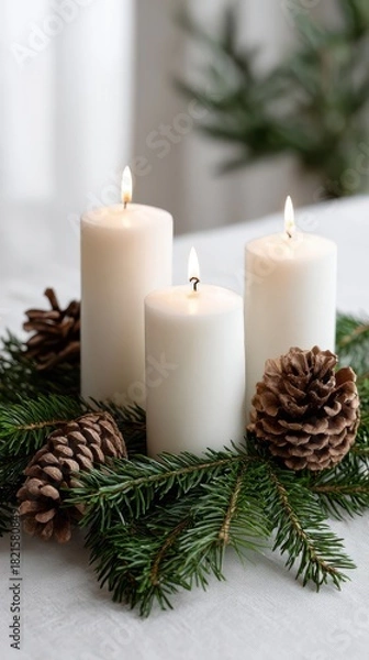 Fototapeta Peaceful advent wreath with three glowing candles for holiday decoration